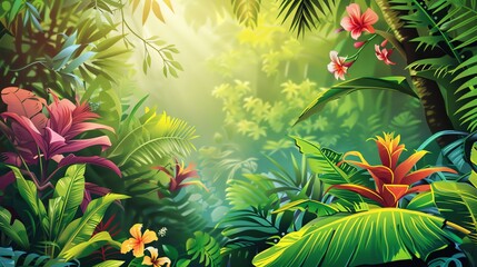 A lush jungle scene with vibrant green leaves, red and yellow flowers, and a sun shining through the canopy.