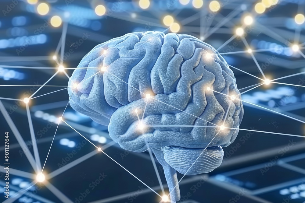 Poster futuristic brain with glowing network connections in abstract digital setting