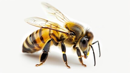A detailed bee with bright pollen on its legs, isolated on a white background, perfect for text overlay and commercial use