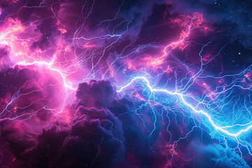 Fototapeta premium Generative ai on theme of scary bright electric lightning bolt with branches in the night dark sky