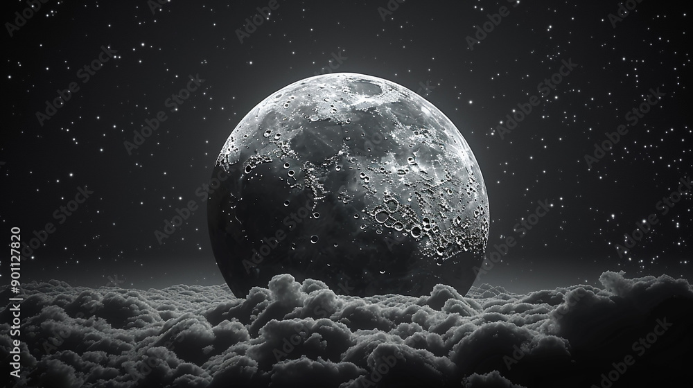 Aufkleber the moon in its first quarter phase, partially hidden by a thin layer of clouds, with a clear view o