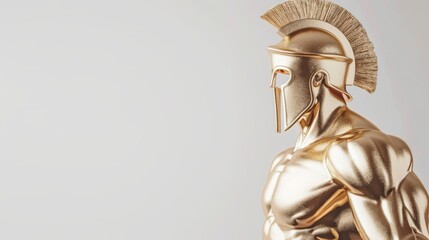 A polished bronze statue of a Greek warrior, isolated on a white background with ample space for copy text