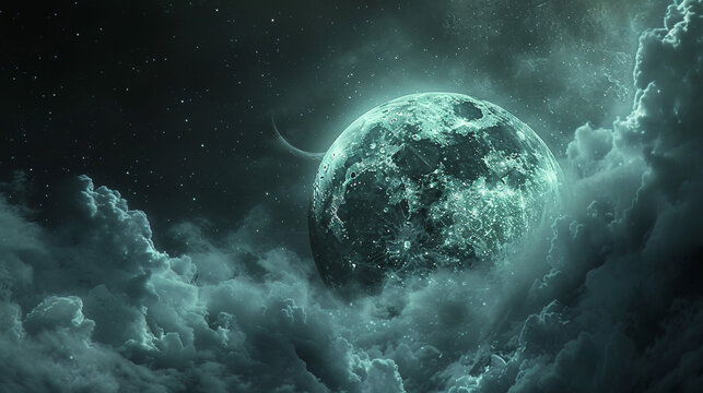 The moon partially obscured by drifting clouds, creating a mysterious and ethereal night scene.