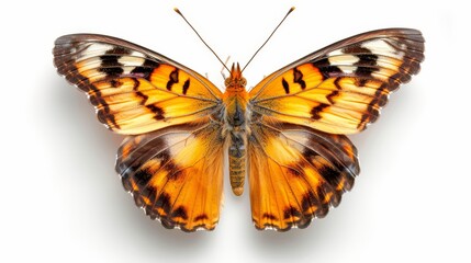 A vibrant butterfly with wings closed, detailed textures and colors, isolated on a white background, ample copy text space