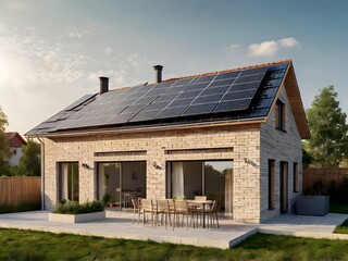 Obraz premium Close-up of a new suburban house with a photovoltaic system on the roof. Simple and modern environmentally friendly house with solar panels on the gable roof, with sunlight during the day