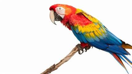 Fototapeta premium A vibrant macaw perched gracefully, showcasing its colorful feathers in vivid detail, isolated on a white background with ample space for copy text