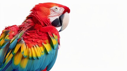 Fototapeta premium A vibrant macaw perched gracefully, showcasing its colorful feathers in vivid detail, isolated on a white background with ample space for copy text