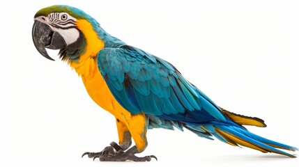 A vibrant macaw perched gracefully, showcasing its colorful feathers in vivid detail, isolated on a white background with ample space for copy text