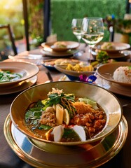  A beautifully presented dish of Khao Kluk Kapi, a traditional Thai dish made with fragrant rice, crispy pork belly, and fresh shrimp. The dish is served with a side of raw vegetables for a refreshing