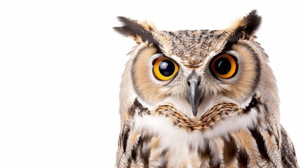 Fototapeta premium An owl with striking wide eyes, detailed feathers, and isolated on a white background, ample text space for commercial use