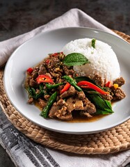 A sizzling plate of stir-fried beef with holy basil, chili peppers, and aromatic spices. This classic Thai dish is a favorite among locals and foreigners alike.