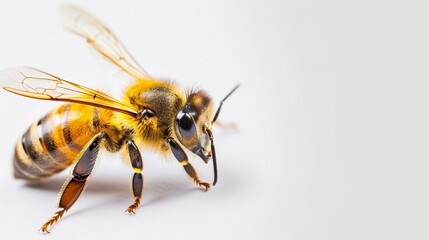 Bee with pollen-covered legs, isolated on a plain background, with space for copy text, perfect for commercial and marketing use