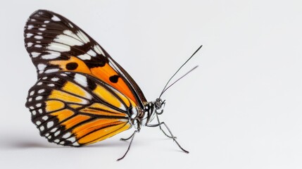 Bright butterfly resting with closed wings, high-resolution details, isolated on plain background, room for text