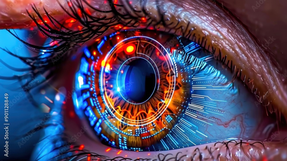 Poster a futuristic eye with intricate digital patterns and vibrant colors, showcasing technology and artif