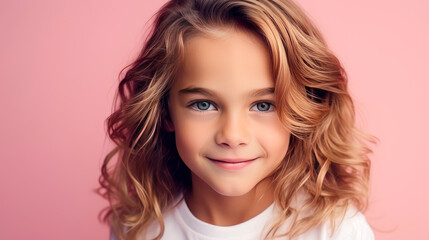 Fototapeta premium Portrait of a beautiful, happy smiling boy with long hair and perfect skin, pink background, banner.
