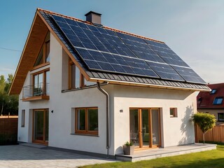 Fototapeta premium Close-up of a new suburban house with a photovoltaic system on the roof. Simple and modern environmentally friendly house with solar panels on the gable roof, with sunlight during the day