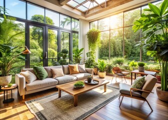 Obraz premium Inviting living space boasting biophilic design elements, flooded with natural light from expansive windows, adorned with lush indoor plants, and crafted from sustainable materials