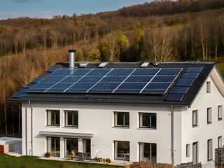 Close-up of a new suburban house with a photovoltaic system on the roof. Simple and modern environmentally friendly house with solar panels on the gable roof, with sunlight during the day