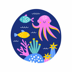 Print with a funny octopus, colorful fish and seaweed on a blue background.