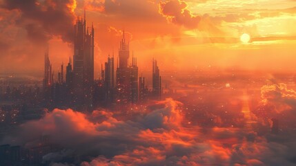 Majestic Sunset Over Gothic Cityscape Surrounded by Clouds and Sky. Generative AI