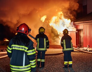 Obraz premium firefighters in action on a burning house