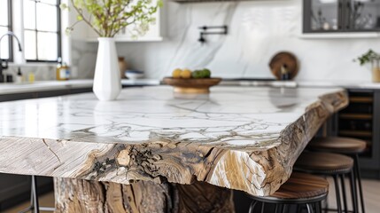 Rustic Wooden Table Paired with Polished Marble Countertop in a Room with Traditional and Contemporary Decor Elements