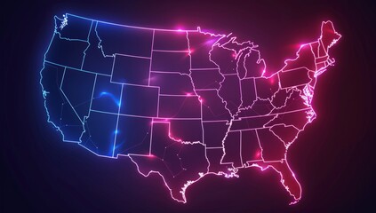 Vibrant neon outline of the United States maps on a dark background, symbolizing energy and connectivity across the country