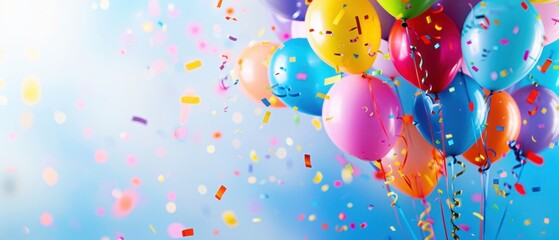 Colorful helium balloons and confetti in the blue sky. Perfect for celebrations, parties, and festive occasions.