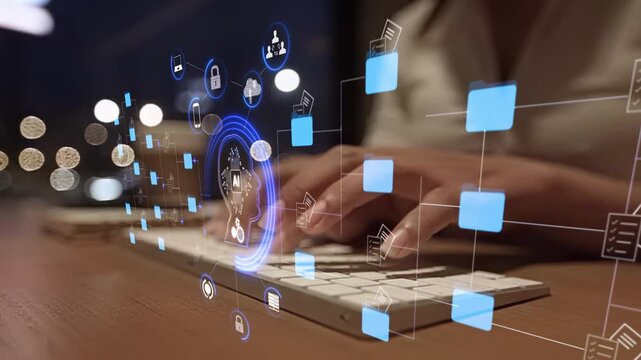 Ai Futuristic holographic interface of a file manager, folder structure with documents and data scanning, digital document storage software, cloud database, search and manage documents, paperless