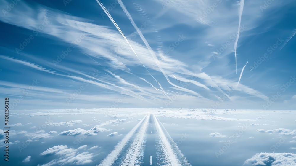Poster an aerial view of a road going through clouds, with contrails in the sky.
