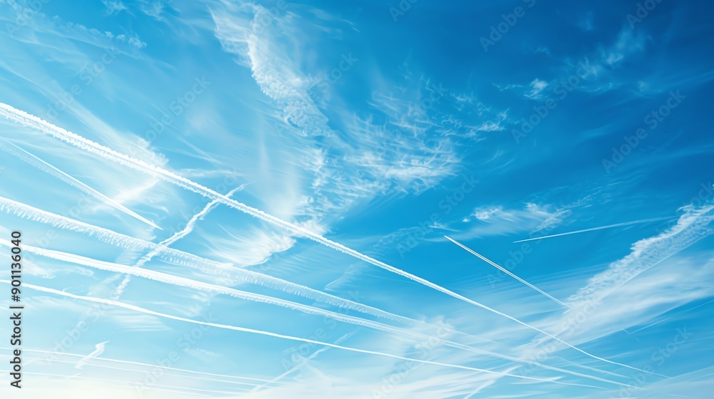 Poster a clear blue sky with many white contrails, creating a grid-like pattern.