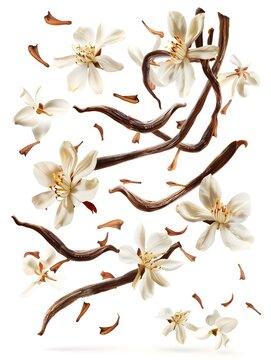 realistic ingredient photography of a Vanilla flowers and branches floating in the air on a white background