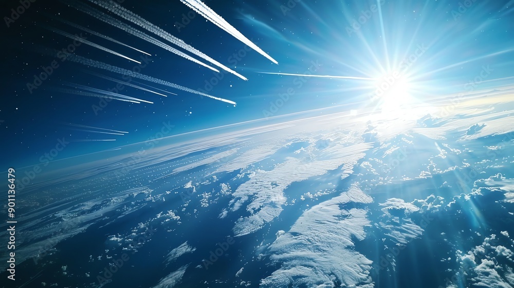 Poster a view of earth from above the clouds with a bright sun shining in the sky and contrails from airpla