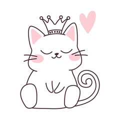 Cute Love Pet Cat Cartoon Character Sleeping Wearing Crown Vector Illustration