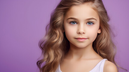 Portrait of a chic cute beautiful baby girl with perfect skin, purple background, banner.