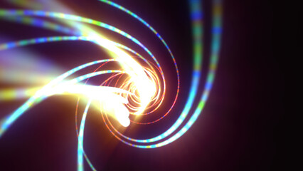 Abstract bright glowing background tunnel with flying lines of energy particles and light rays