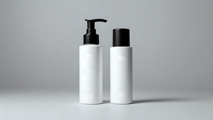 Two white bottles with black caps on a gray background.