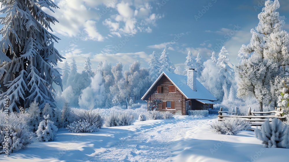 Poster A wooden cabin in a snowy forest with a blue sky and fluffy clouds.