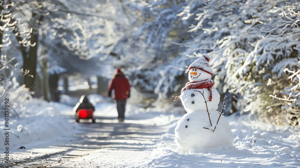 Poster A snowman stands on a snowy path in a wintery forest.