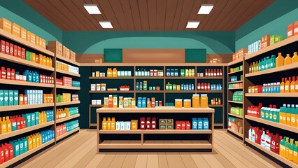 A cartoon illustration of a grocery store aisle with shelves full of colorful packaged products.