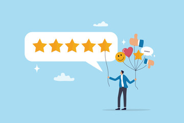 5 Stars review, customer feedback evaluation, best quality or satisfaction, opinion, best rating reputation or online positive review concept, customer giving 5 stars rating or customer experience.