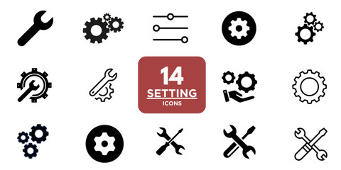 Settings glyph solid icons collection. Containing configuration, maintenance, service, tools, wrench, gear. For website marketing design, logo, app, template, ui, etc. Vector illustration.