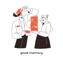 Employee with good memory concept. Soft skills, ability of holding many data in mind. Office worker remembers lots of information. Flat isolated outline vector illustration on white background