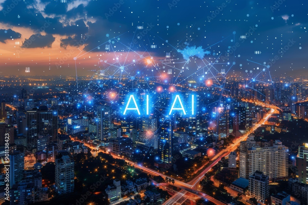Poster ai text glowing in the sky representing advanced artificial intelligence