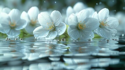 Fototapeta premium white cherry blossoms, with droplets glistening in the morning light