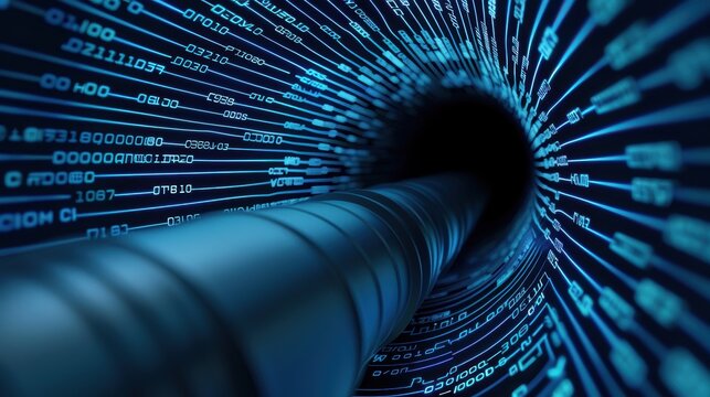 A captivating view of a data tunnel with flowing binary code, representing technology and digital transformation.