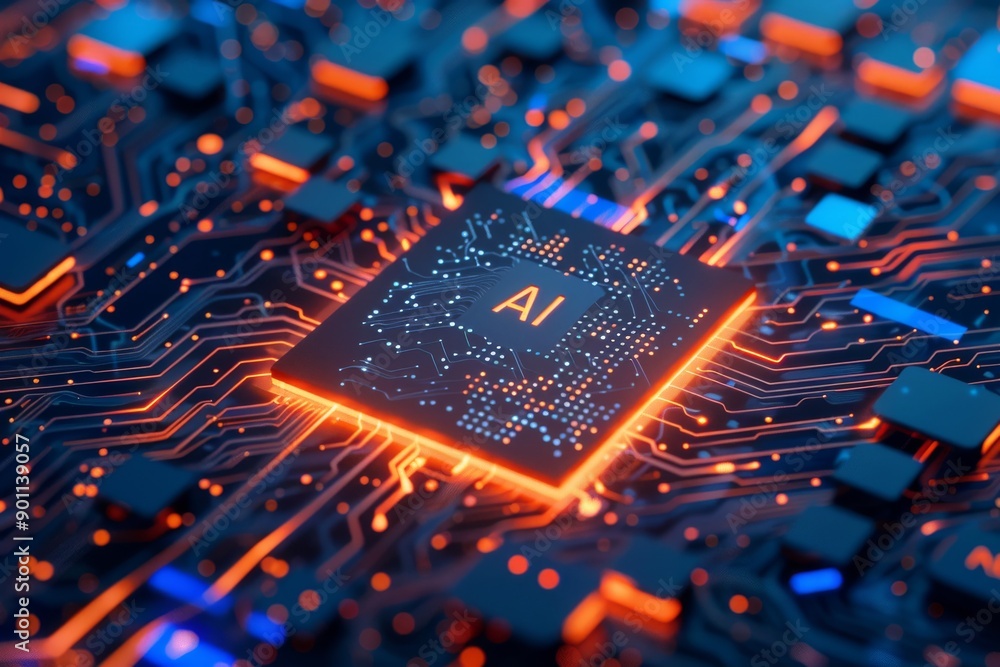 Poster ai chip on circuit board with glowing red elements representing advanced technology