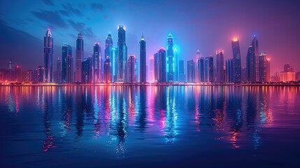 skyline at night with reflection in the water, beautiful city lights, colorful buildings, modern architecture