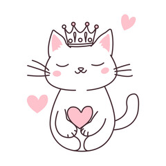 Cute Love Pet Cat Cartoon Character Sleeping Wearing Crown Vector Illustration