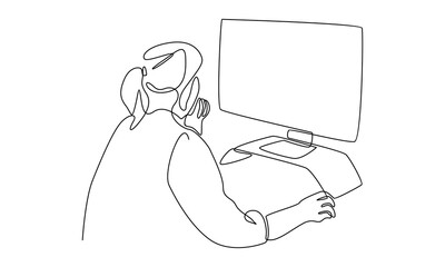 continuous line art of businesswoman working with computer